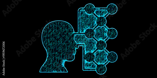 Virtual Reality and Neural Network Interface Concept with Human Wearing VR Headset Connecting to Digital Data Structure in Blue Neon Mesh Wireframe Style