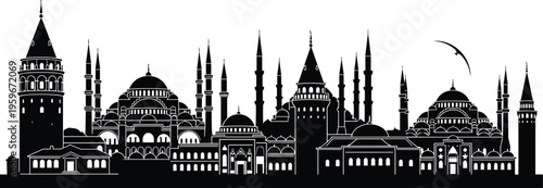 Istanbul city skyline silhouette with Hagia Sophia, Blue Mosque, Galata Tower, flying bird, iconic architecture, cultural heritage, minimalist flat vector illustration