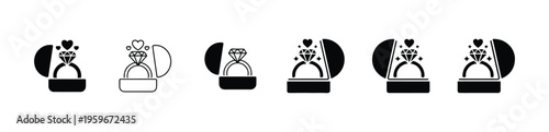 Set of six diamond engagement ring in open box icons simple solid outline vector style