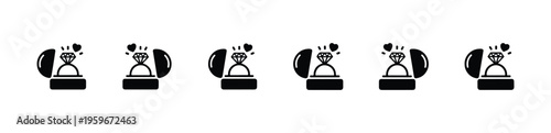 Five detailed diamond ring in open jewelry box icons solid filled black vector graphic elements