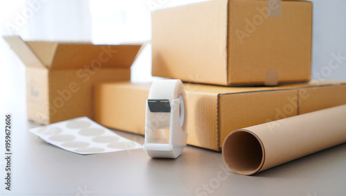 A stack of brown cardboard delivery boxes and open carton containers sits ready for storage in a new home during the moving and packing process