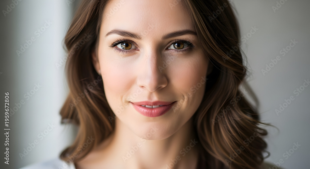 Fototapeta premium A woman with brown hair and a warm smile is looking directly at the camera.