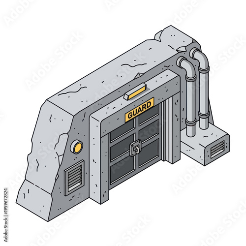 Isometric Illustration of a Guarded Bunker Entrance with Pipes.