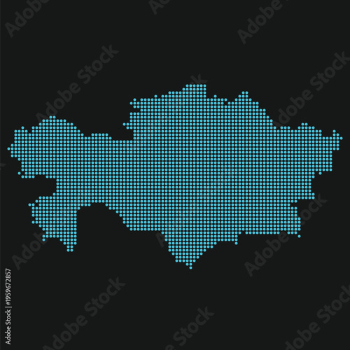 Light Blue Dotted Kazakhstan Vector Map on Black Background Neon Digital Tech Style