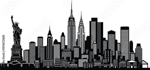 New York City skyline silhouette with Statue of Liberty, Empire State Building, iconic architecture landmarks, urban design, minimalist flat vector illustration