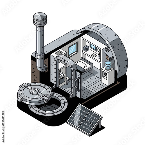 Isometric Underground Bunker Cutaway Illustration with Solar Panel.