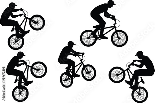 Black silhouette BMX riders performing freestyle stunts, dynamic extreme sports poses, jumping, wheelies, acrobatic tricks, youth culture vector illustration collection