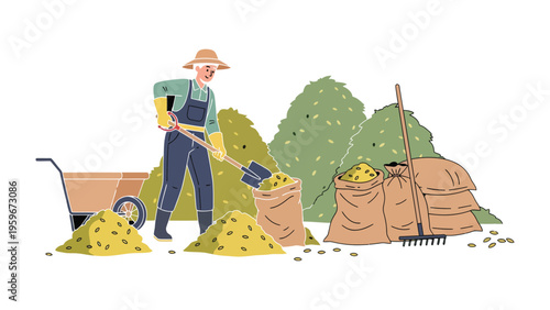 Gardener Harvesting: A dedicated gardener diligently gathers harvested crops into sacks, surrounded by mounds of produce and essential tools. A scene of rural industry and productivity.