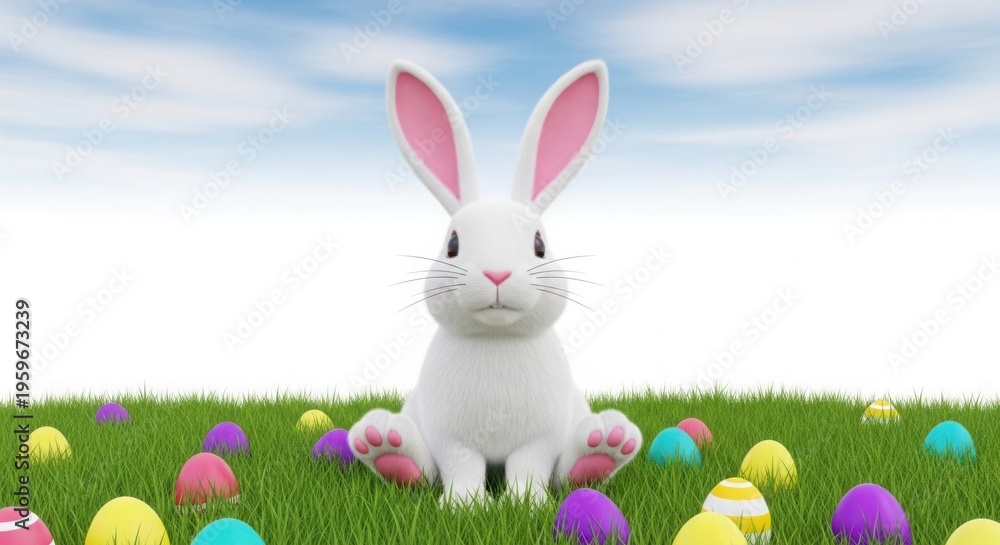Fototapeta premium A white bunny with pink ears sits in a field of colorful easter eggs