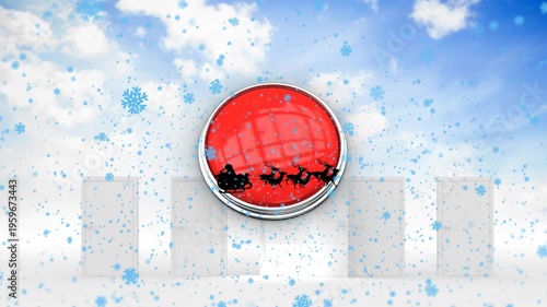 Animation of santa claus in sleigh being pulled by reindeers against red button and doors in sky
