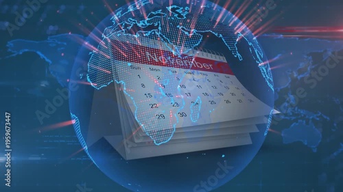 Animation of globe over calendar and world map