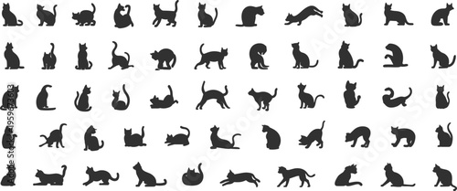 Minimalist black cat silhouettes collection, diverse feline poses including sitting, standing, stretching, grooming, playing, jumping, lying down, educational design