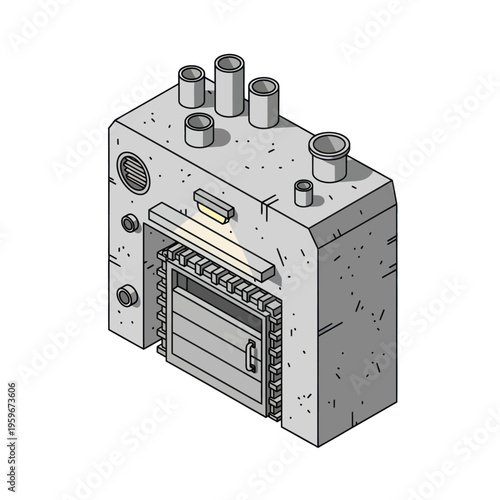 Isometric Illustration of a Concrete Industrial Furnace with Pipes.