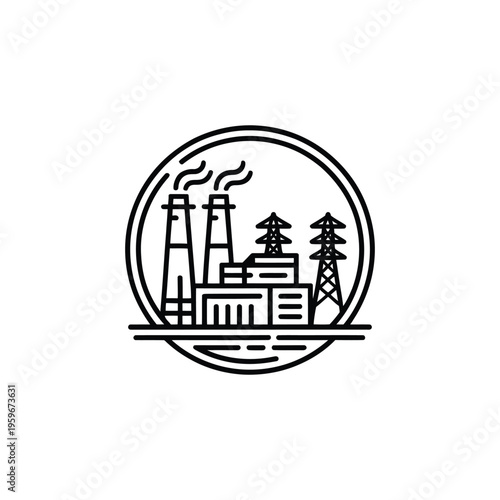 Industrial power plant and electrical pylons line art icon.