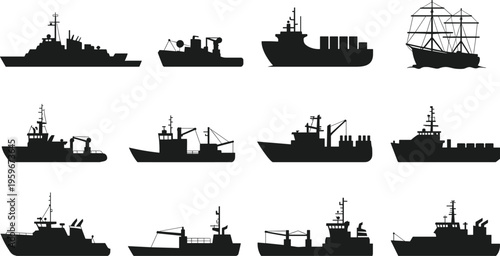 Naval and cargo ship silhouettes collection, military and fishing vessels vector illustration isolated on white background