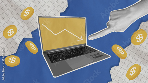 Investment losses and financial crisis. Falling coins and arrow going down in trendy halftone collage style. Gadget screen showing stock market trading decline chart. Laptop with hand. Vector design.