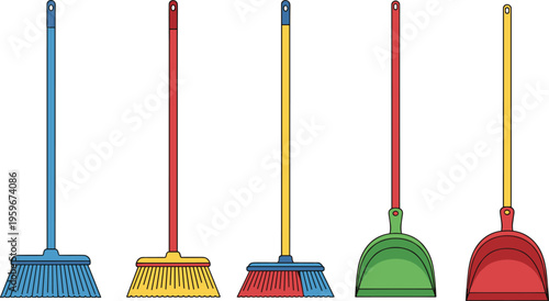 Colorful cleaning tools set with brooms and dustpans, household equipment, sweeping and dust collection, home cleaning design vector illustration collection