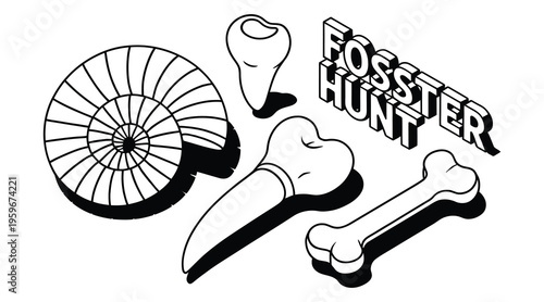 Fossil set with ammonite shell bones and prehistoric remains vector illustration