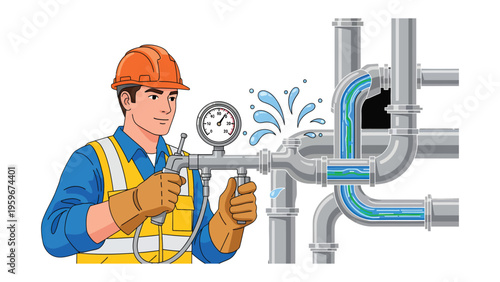 Plumber Fixing Leaky Pipe: A skilled plumber addresses a burst pipe, skillfully diagnosing the problem with a gauge and demonstrating expertise in plumbing.