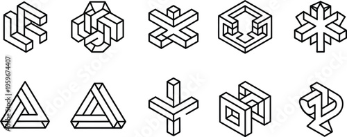 Abstract 3d geometric shapes with isometric illusion, cube arrow symbol design, modern vector graphics, logistics business icon, finance construction technology branding concept.