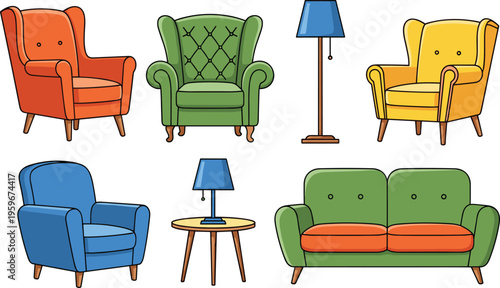 Colorful furniture set with armchairs, sofa, floor lamp, table lamp, tufted backs, cushions, interior design vector illustration collection for decor