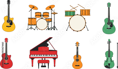 PrintColorful musical instruments set with guitars, drum kits, piano, ukulele, violin, artistic design vector illustration collection for music education