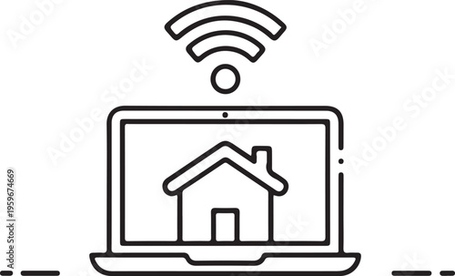 Minimalist black and white home office workspace with wi fi symbol