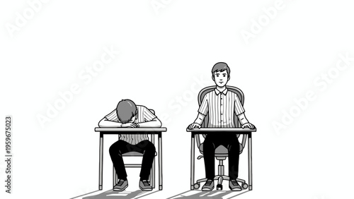 Student sleeping on desk beside alert classmate illustration