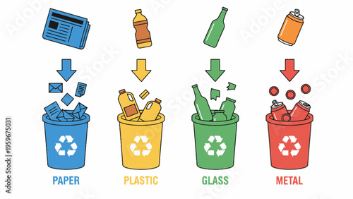Recycling bins for sorted paper plastic glass and metal waste