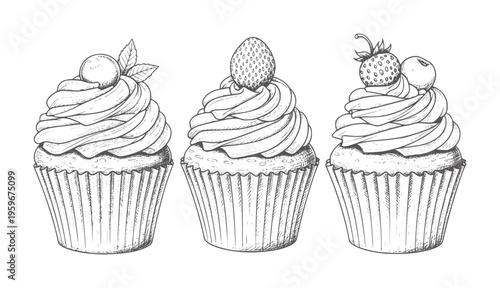 Three hand drawn cupcakes with fruit and leaves white dessert food sweet