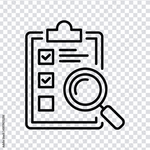 Vector illustration black line icon of a clipboard with checklist and magnifying glass on a transparent background