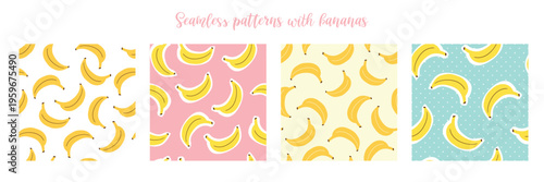 Vector collection of seamless patterns with bananas. Perfect for packaging, website design, cards and textiles