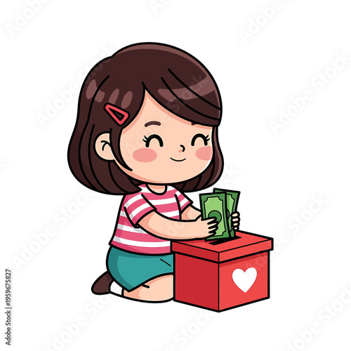 Girl putting money into a donation box with a heart