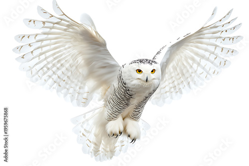 A snowy owl in flight with its wings spread wide against a white background