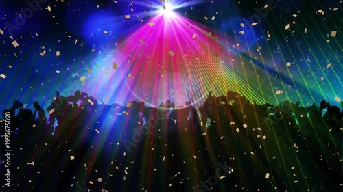 Animation of disco lights and people dancing over confetti falling