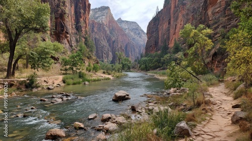 Majestic Zion Canyon Landscape with River and Rocky Cliffs