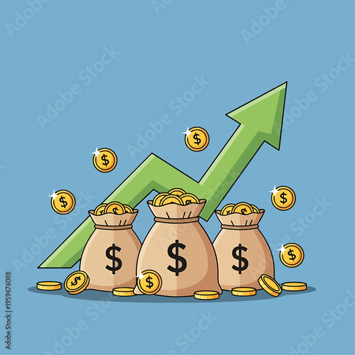 Money bags with dollar signs and coins around with rising green arrow