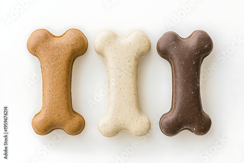 Three dog treats shaped like bones in different colors on a white background