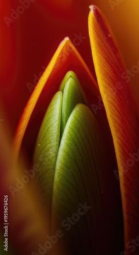 Vibrant abstract macro image capturing the essential shapes and subtle textures of a flower opening, symbolizing growth and renewal, bright, environment, macro