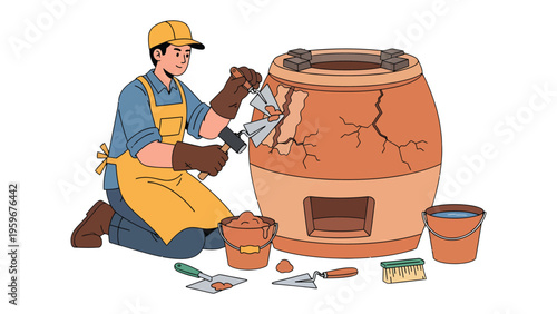 Artisan Restoration: An artisan meticulously repairs a damaged structure, focused on precision and craftsmanship, using specialized tools and materials for restoration.