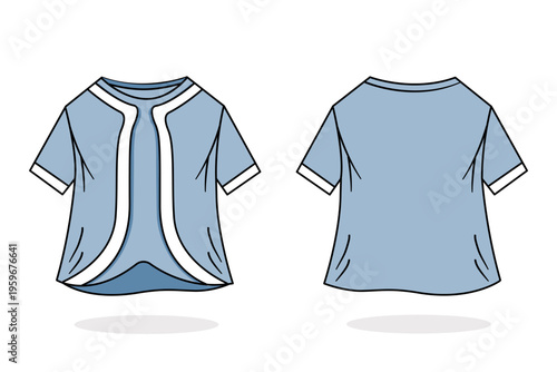 T-shirt with blue vest element designed in flat cartoon style front and back view suitable for mock up, fashion designer or tailor.