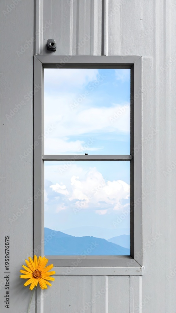 Fototapeta premium Window view of blue sky and mountain range with yellow flower in foreground creating a peaceful optimistic mood for travel and reflection