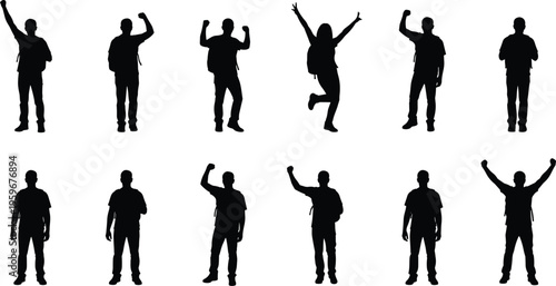 People silhouettes celebrating success, jumping and cheering poses, backpack travelers, achievement concept, isolated black figures, teamwork motivation illustration