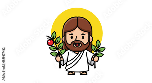 Jesus Christ Cartoon Mascot Holding Green Branches with Yellow Halo