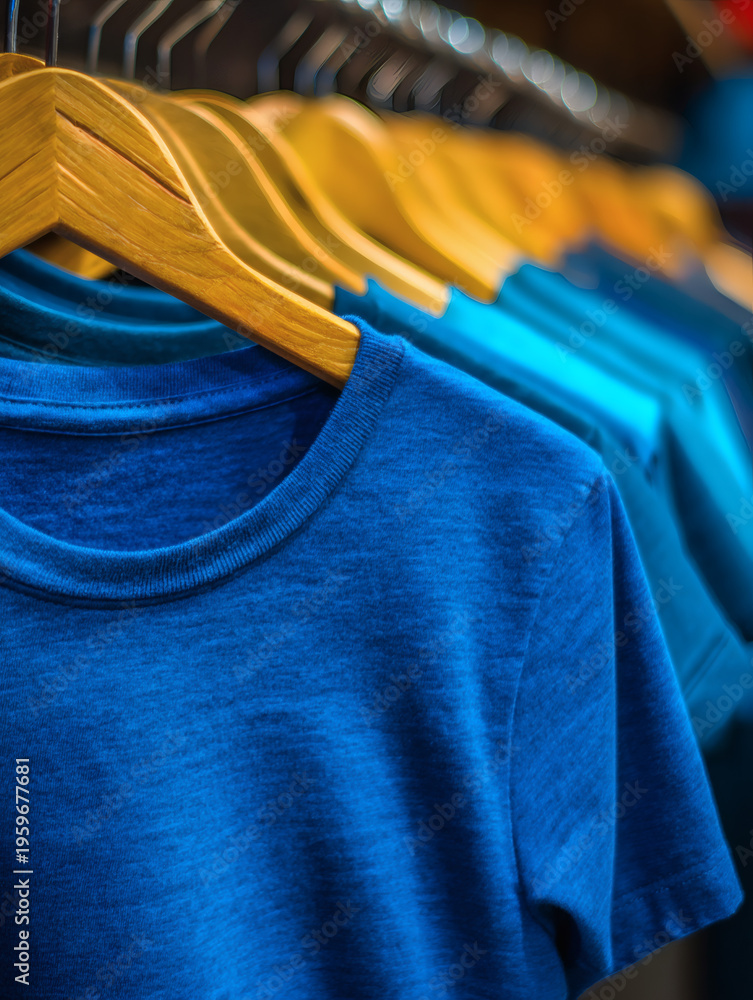 Obraz premium blue shirts hang evenly spaced on wooden hangers, forming a minimalist apparel arrangement with copy space for creative design. shirts, blue, assorted, wooden, hangers, clothing, fashion, apparel, 