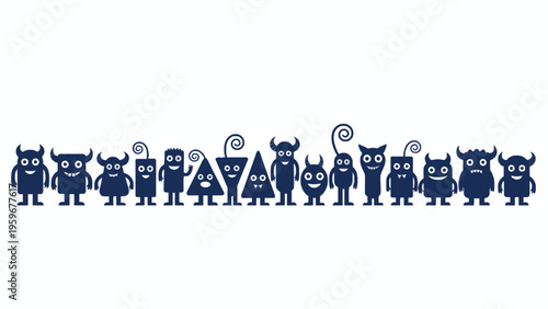 Cute monster silhouettes in a row isolated on white background