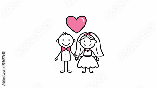 Wedding couple stick figure holding hands with pink heart icon