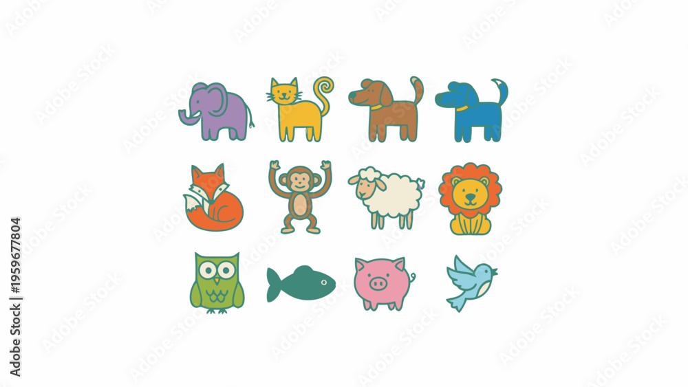 Fototapeta premium Cartoon Animal Icon Set with Elephant Cat Dog Monkey and Lion