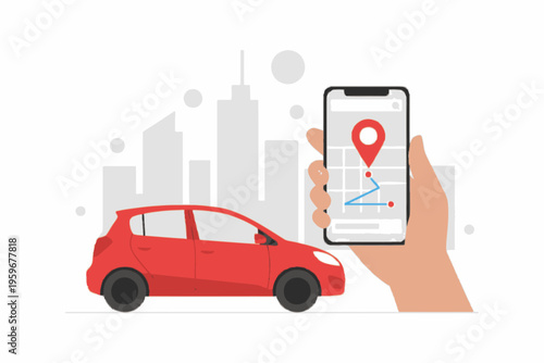 Car rental app with hand holding phone and red vehicle