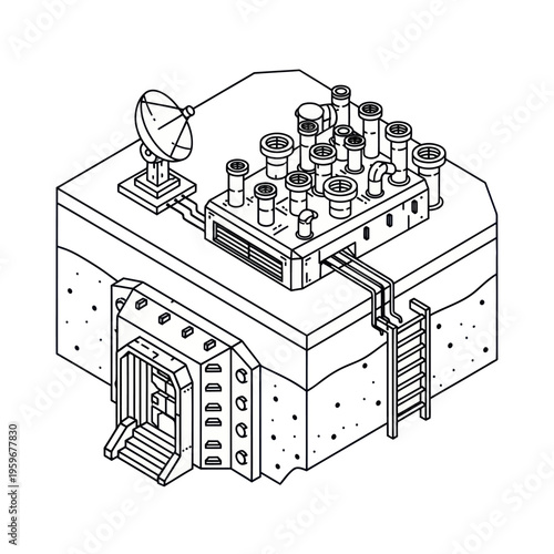 Isometric Line Art Illustration of a Bunker Structure.